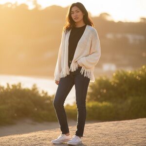 C’isa Open Front Boho Fringe Voluminous Sleeve Boxy Cropped Cream Cardigan